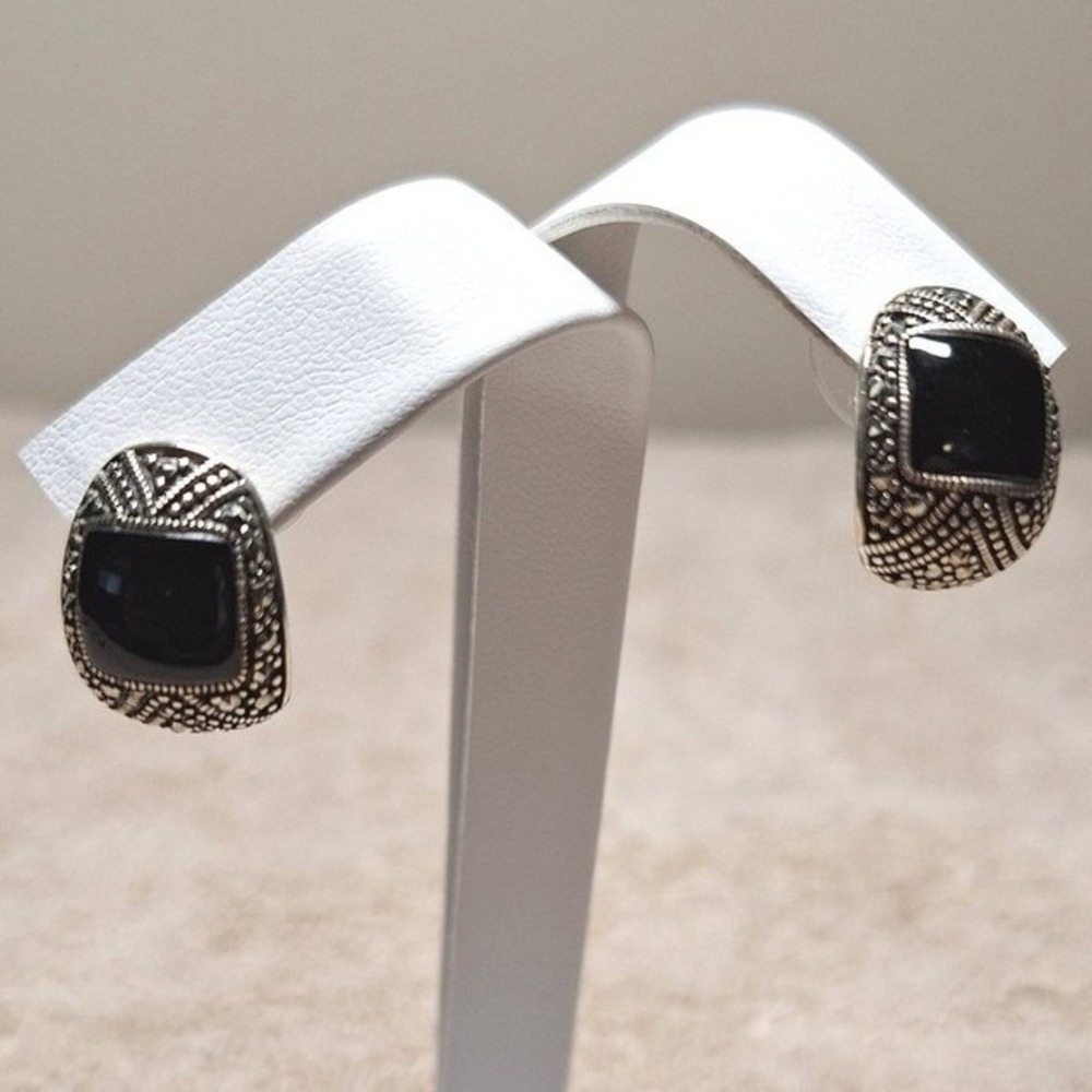 Marcasite black onyx earrings Art Deco sterling silver